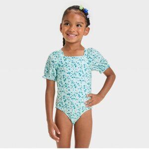 Toddler Girls' Puff Sleeve Ditsy Floral Printed One Piece Swimsuit - Cat & Jack